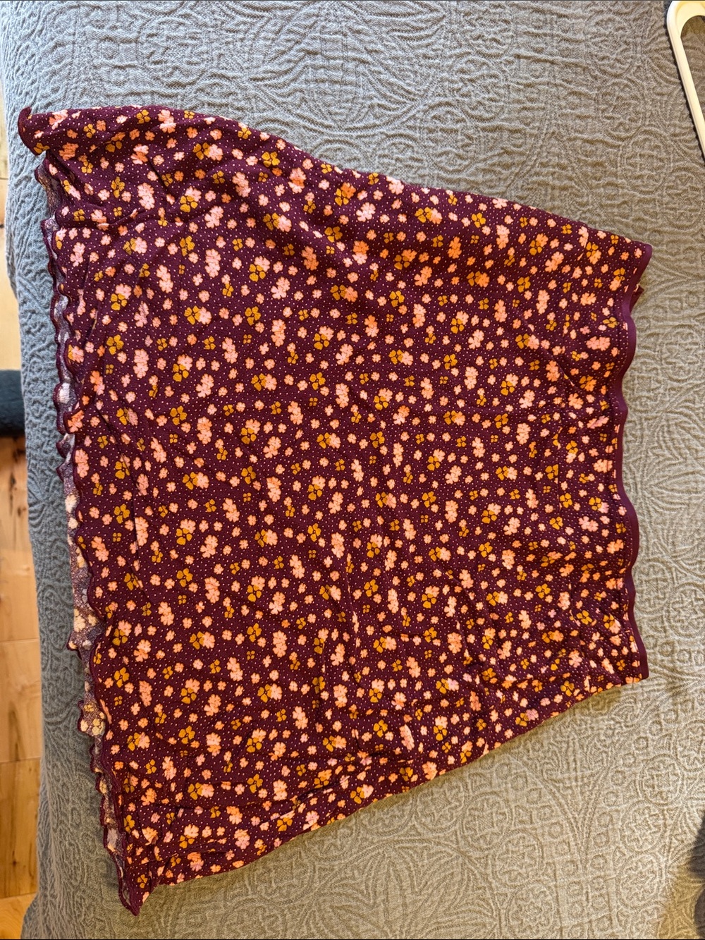 Free People Floral Ruffled Hem Mini Skirt - Burgundy with Pink & Mustard Flowers